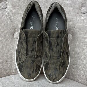 J/SLIDES Women’s Heidi Platform Slip On Sneaker in Camouflage Leather W6